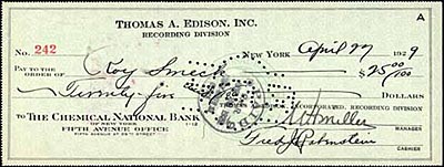 Smeck paycheck from Thomas Edison's Laboratory