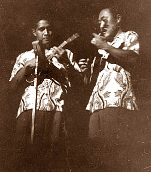 Eddie Kamae and Shoi Ikemi perform with Ray Kinney's troupe circa 1948